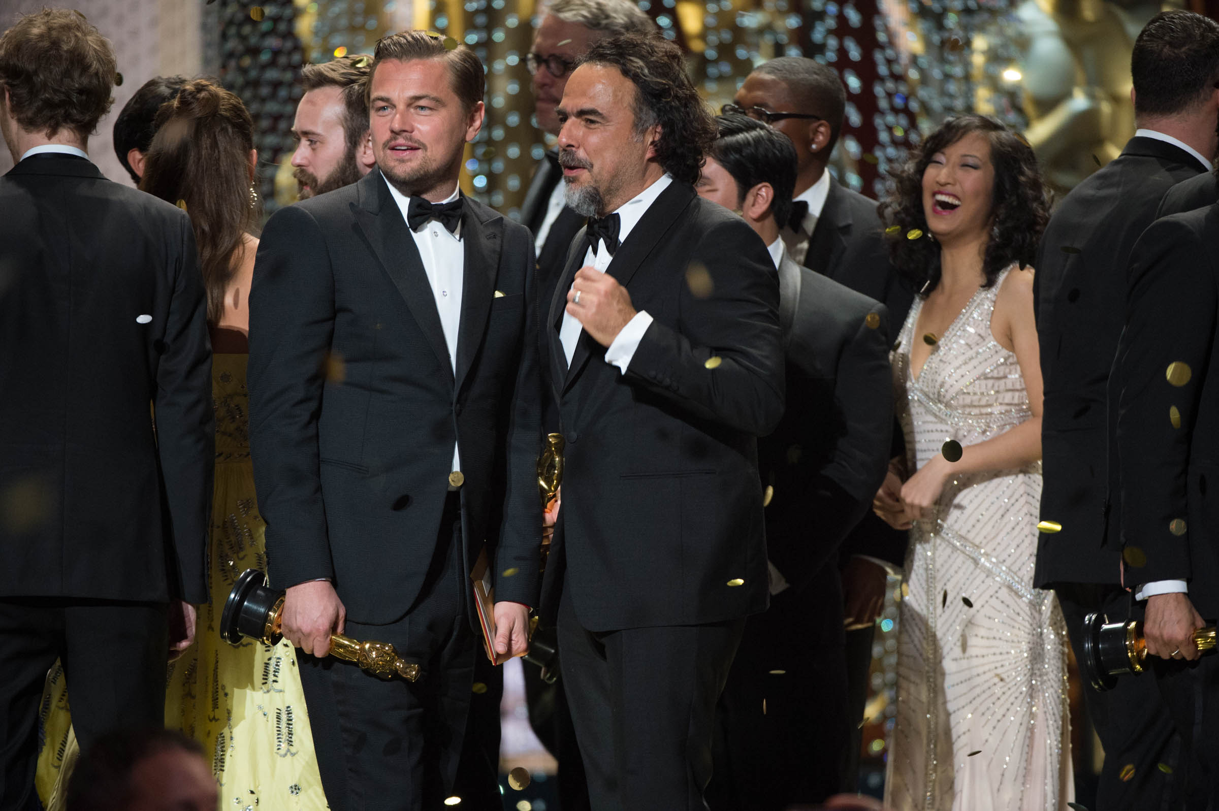 Leonardo DiCaprio, Oscar®-winner for Performance by an actor in a Leading role, for work on “The Revenant” and  Alejandro G. Iñárritu, Oscar®-winner for Achievement in directing, for work on “The Revenant” celebrate onstage during the live ABC Telecast of The 88th Oscars® at the Dolby® Theatre in Hollywood, CA on Sunday, February 28, 2016. Photo Credit: Aaron Poole / ©A.M.P.A.S.